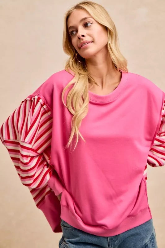 French Terry Stripe Combo Sweatshirt with Open Seam BiBi