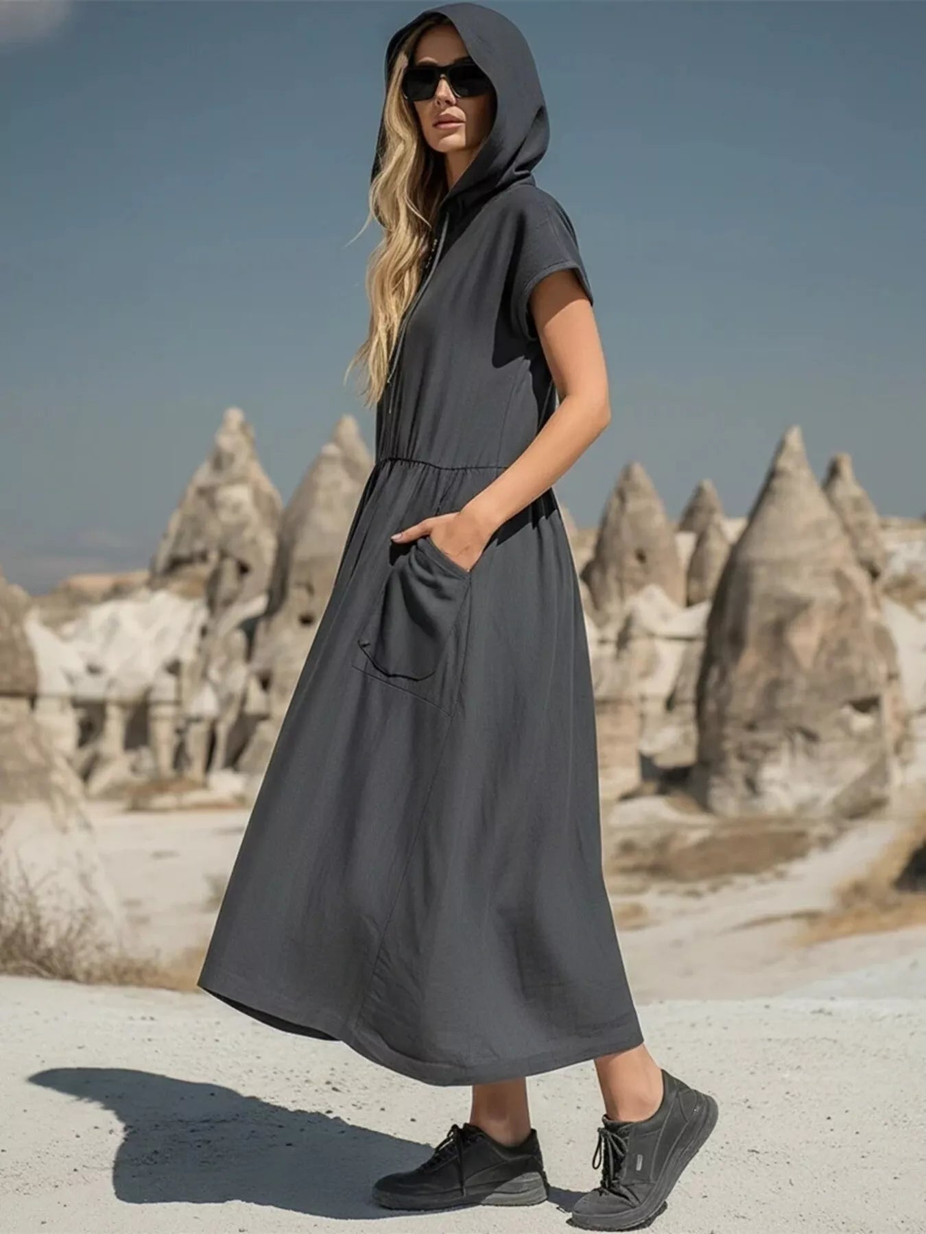 Hooded Midi Dress with Half‑Zip & Pockets – Relaxed Fit (Regular + Plus) Simmer & Fay