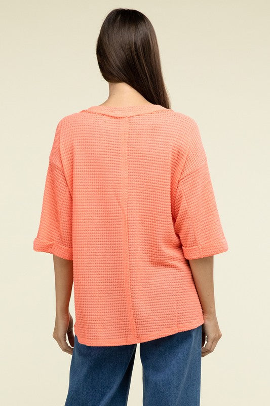 Brushed Waffle Relaxed 3/4 Sleeve Top ZENANA   