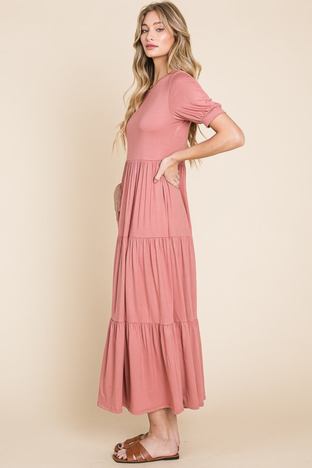 Ruched Short Sleeve Tiered Maxi Dress BomBom   