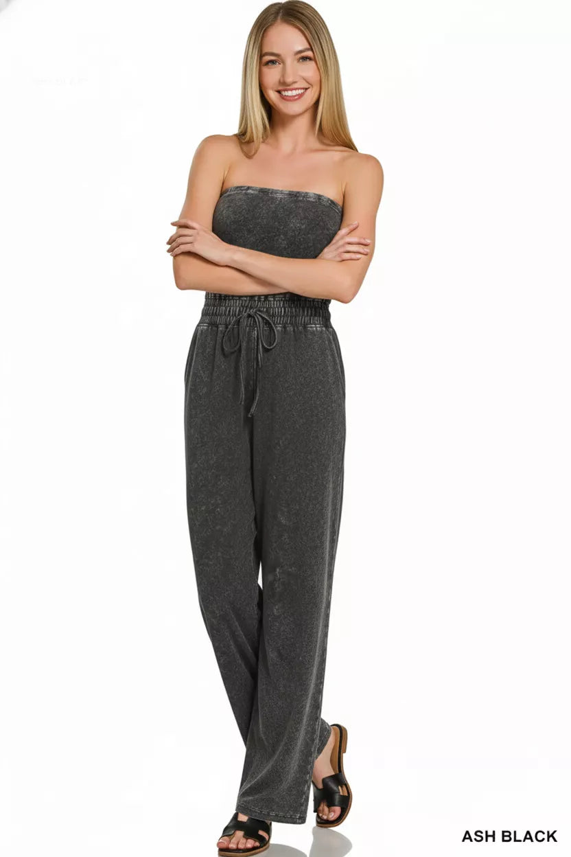 Zenana Acid Washed Strapless Tube Top Jumpsuit Trendsi