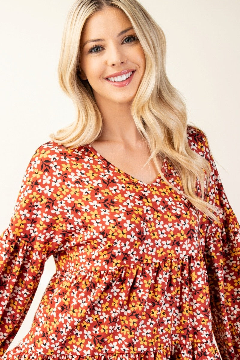 Floral V-Neck Balloon Sleeve Blouse Celeste   