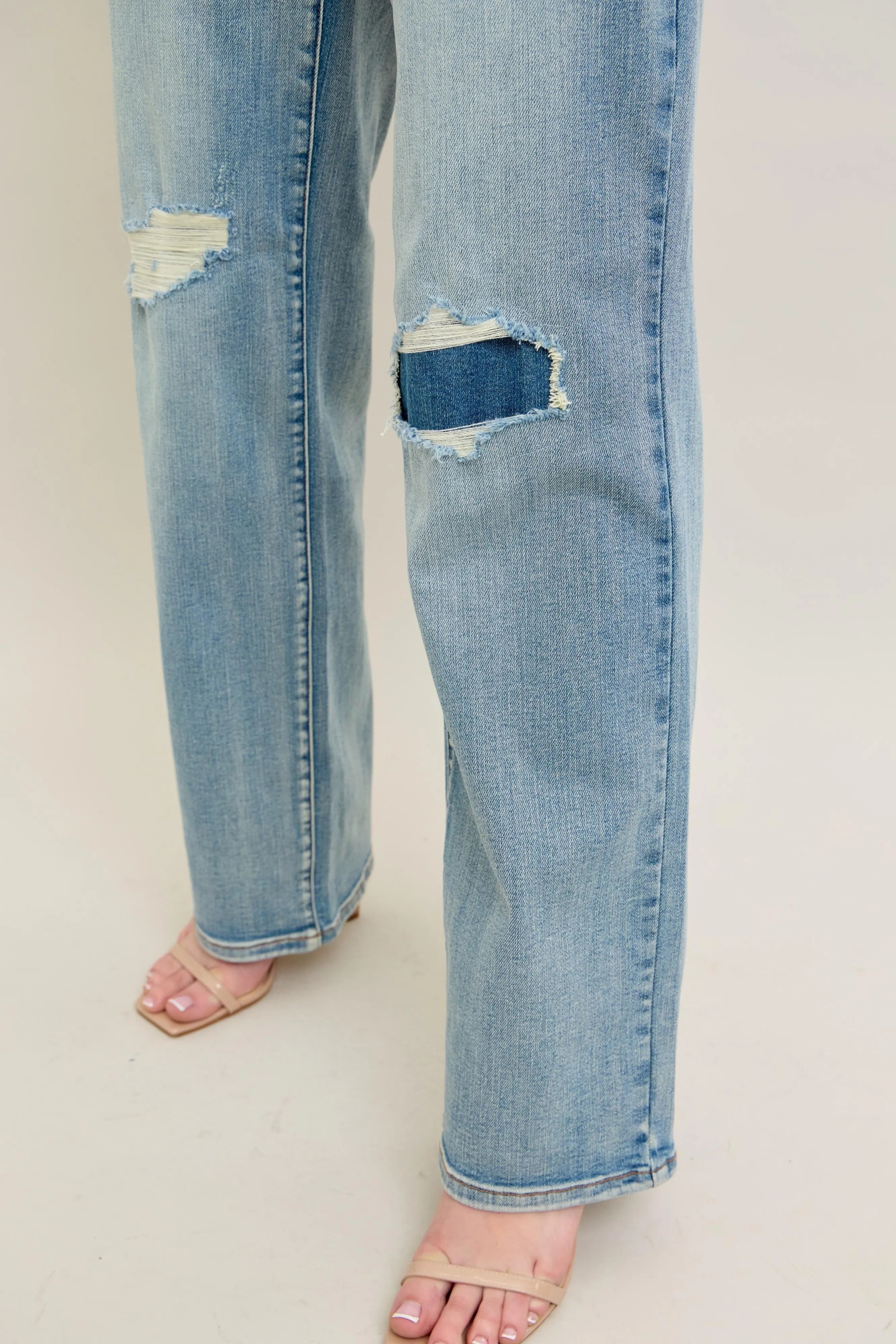 High Waisted Destroy & Knee Patch Straight Jeans With Plus Size Judy Blue