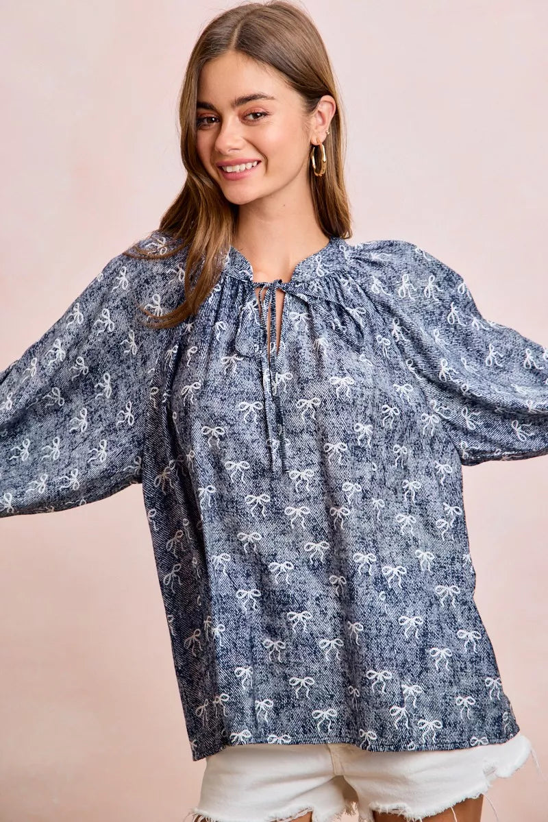 Ribbon Bow Print Exaggerated Balloon Sleeves Top BiBi