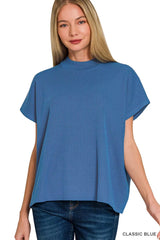 Zenana Viscose Mock Neck Short Sleeve Boxy Sweater Trendsi CLASSIC BLUE S