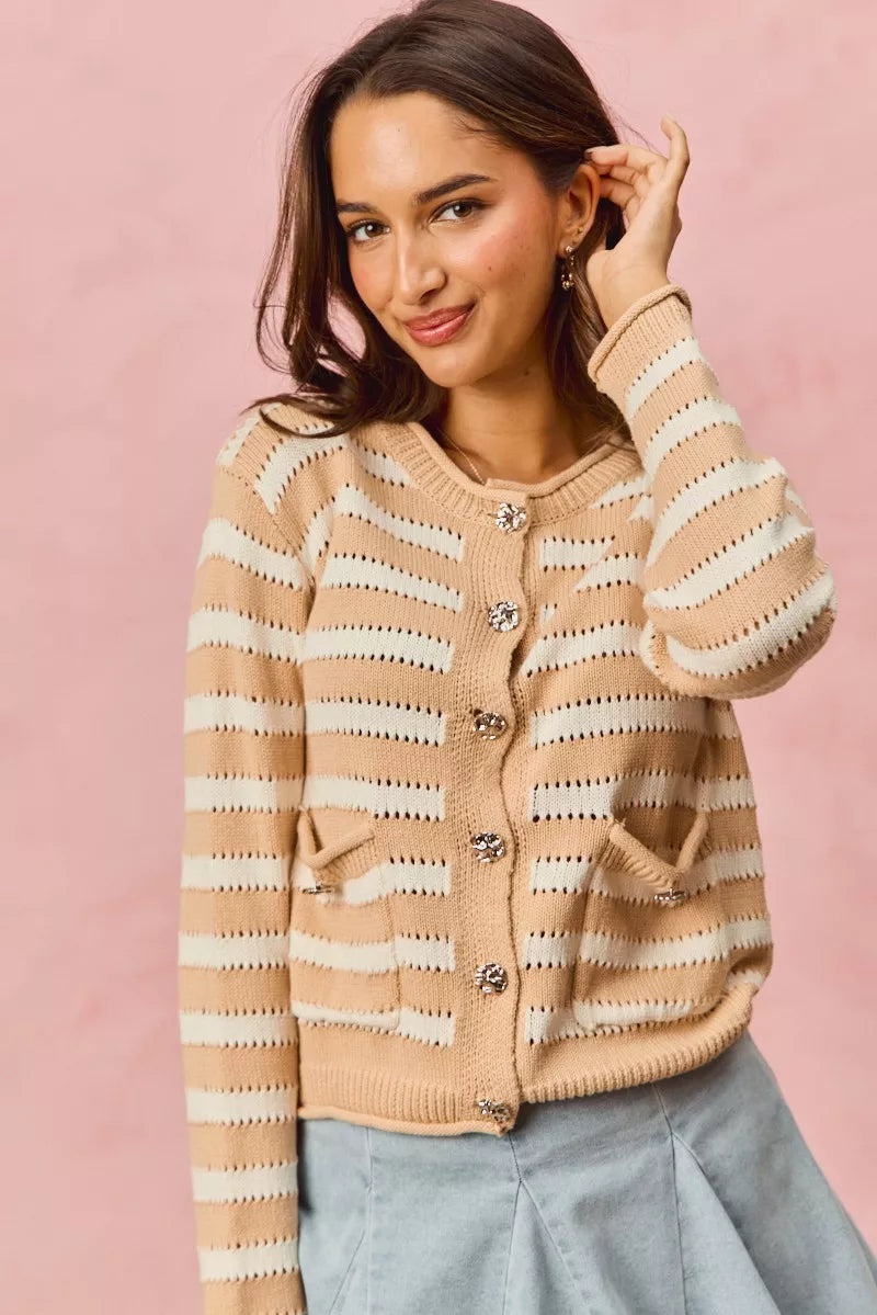 Stripe Long Sleeves Button Sweater Cardigan So Me