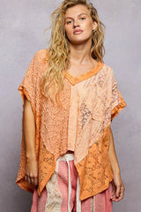 POL Asymmetrical V-Neck Short Sleeve Lace Top Trendsi
