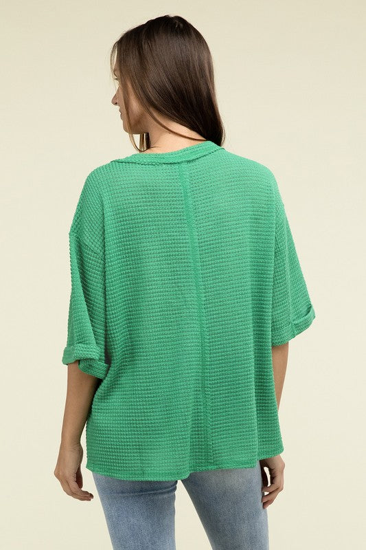 Brushed Waffle Relaxed 3/4 Sleeve Top ZENANA   