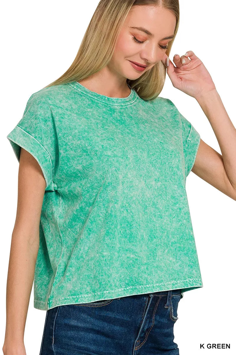 Halo Washed Cotton Cuffed Short Sleeve Top ZENANA