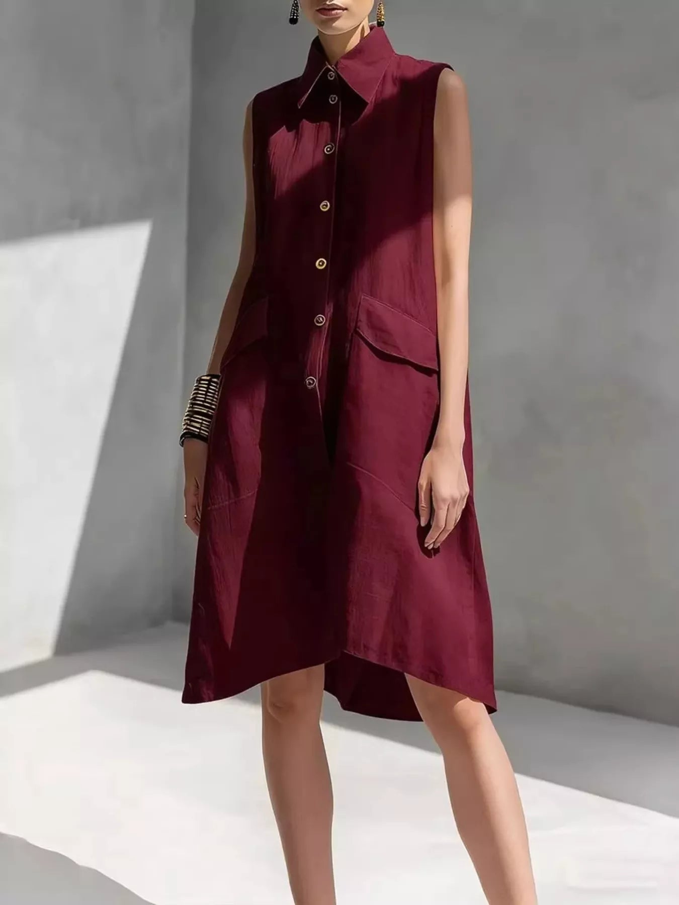 Full Size Button Front Sleeveless Dress Plus Size Simmer & Fay Wine Red S