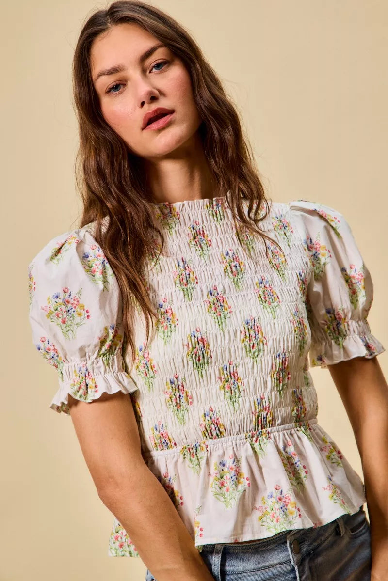 Floral Cotton Smocked Short Sleeves Blouse So Me