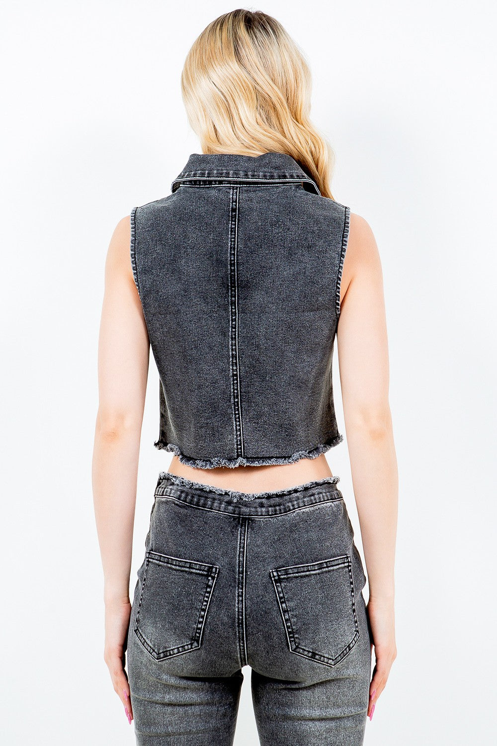 Zip Up Washed Crop Denim Vest American Bazi   