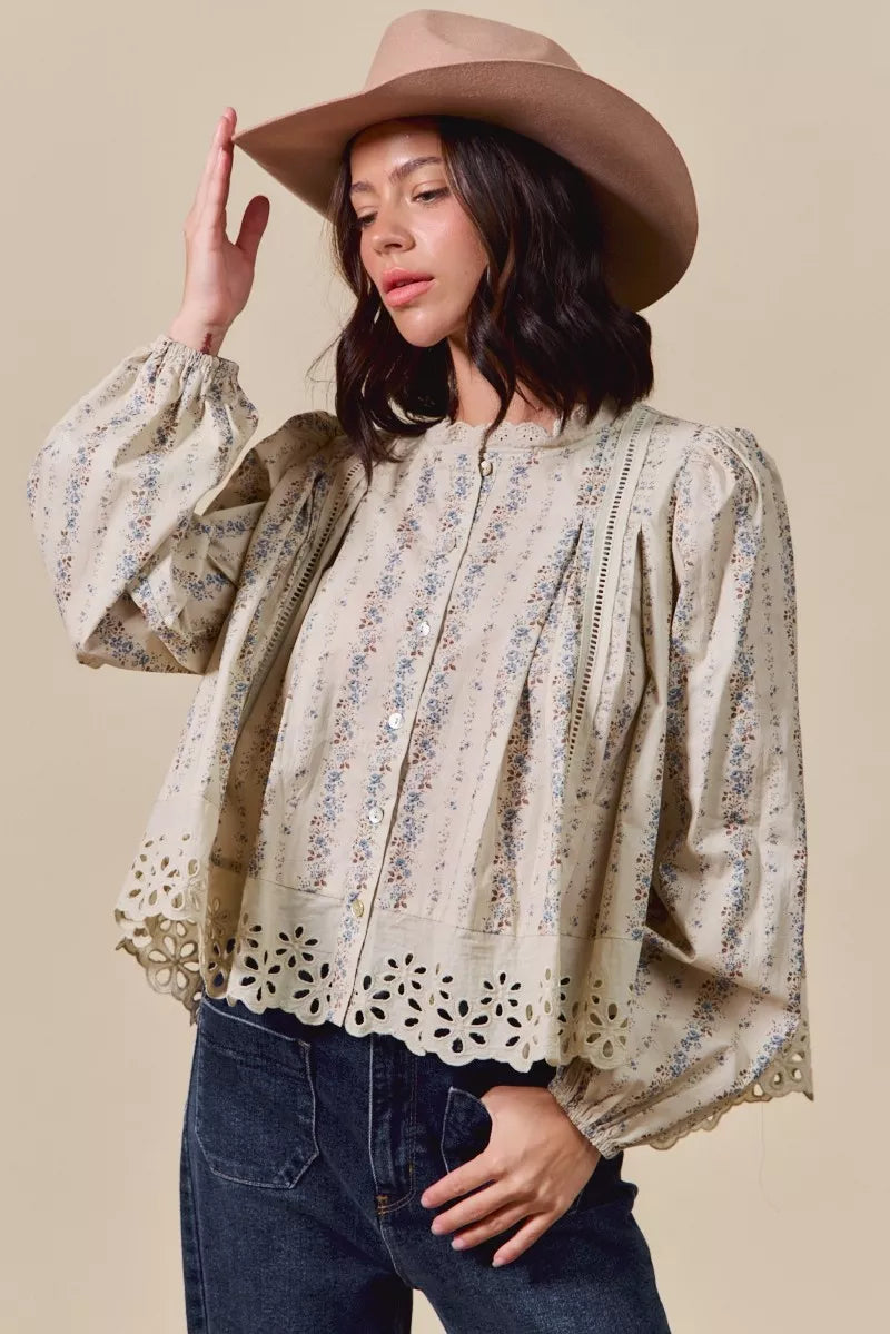 Floral Print Lace Button Down Shirt So Me