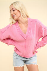 Exposed Seam V-Neck Ribbed Knit Top Very J   