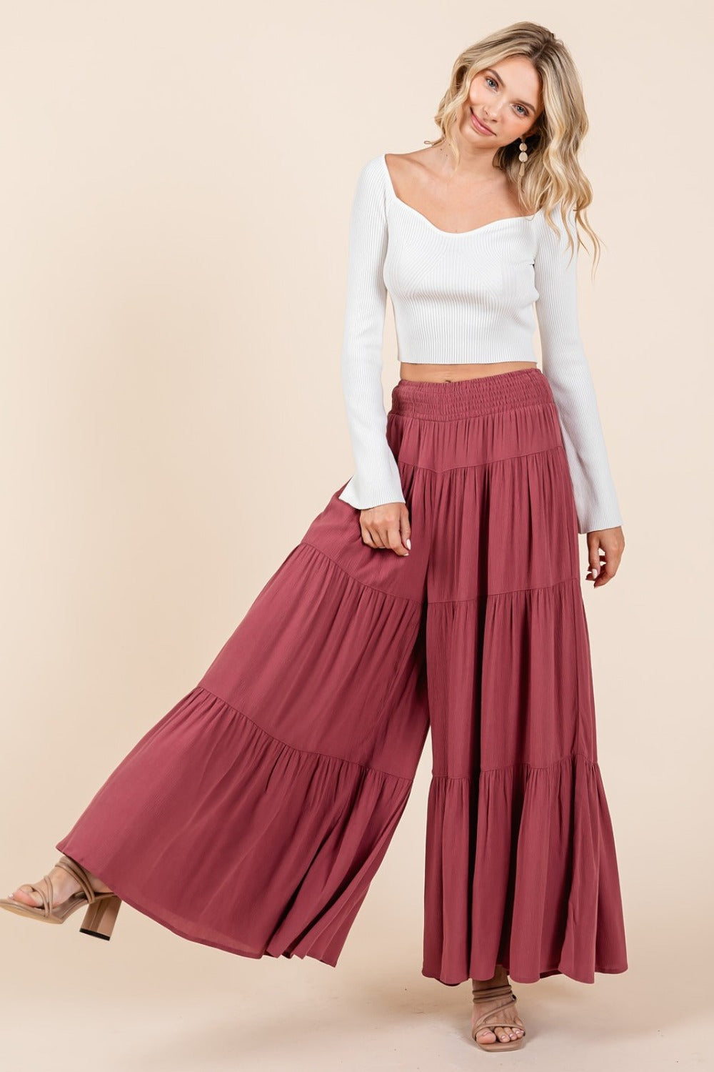 Tier Detail Smocked Elastic Waist Wide Leg Pants Mittoshop Sienna S 