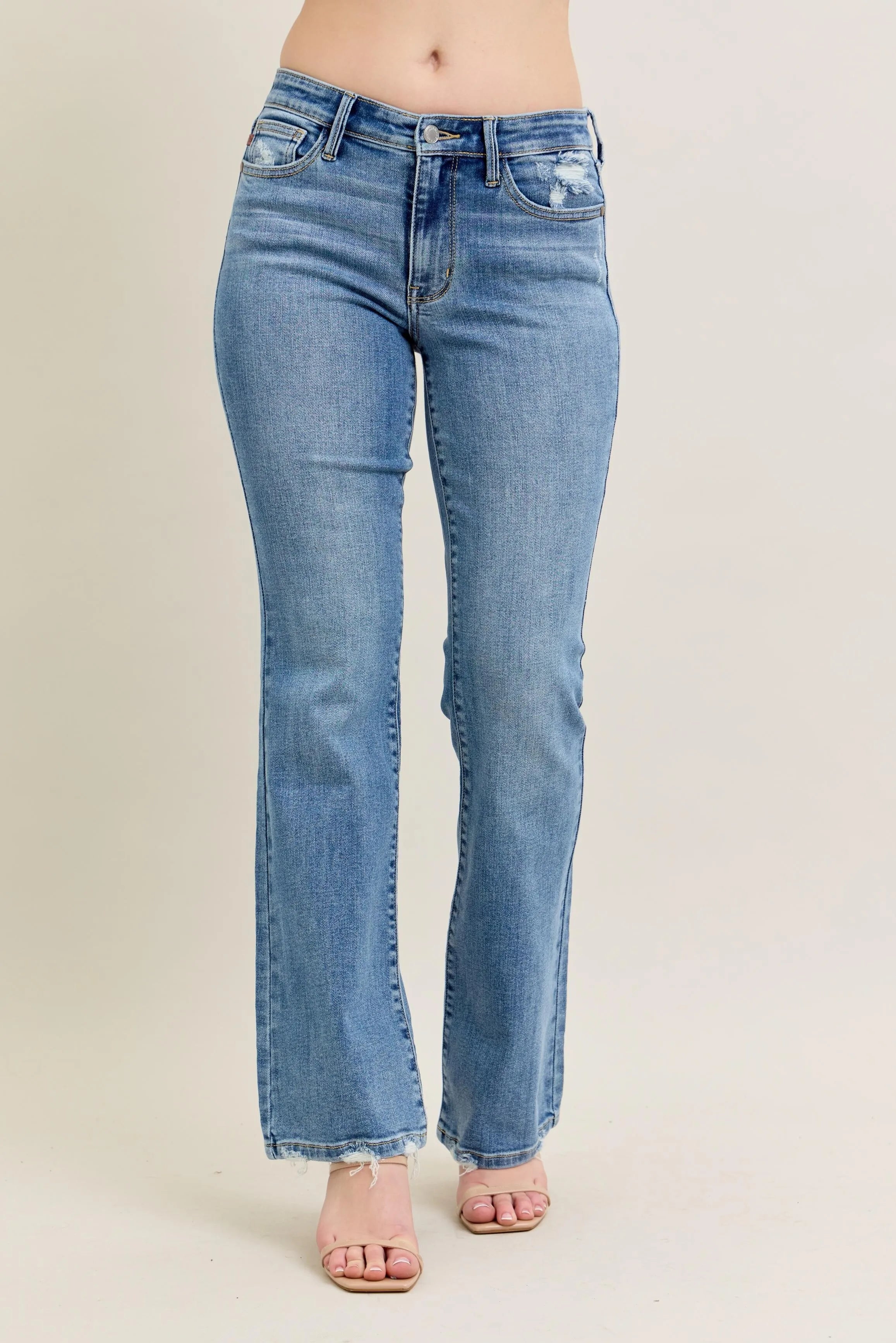 Mid Rise Wash Destroy Hem Bootcut Jeans With Plus Size Judy Blue MD 0(24)