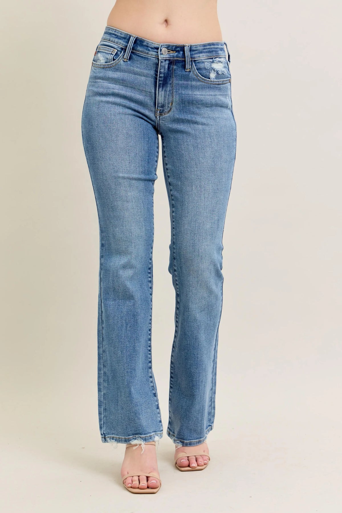 Mid Rise Wash Destroy Hem Bootcut Jeans With Plus Size Judy Blue MD 0(24)