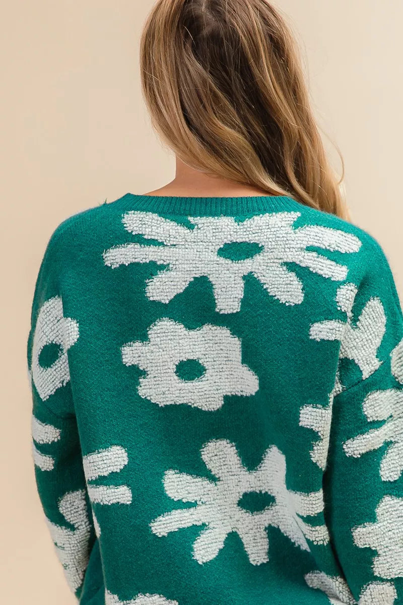 Flower Pattern Long Sleeves Sweater Top BiBi
