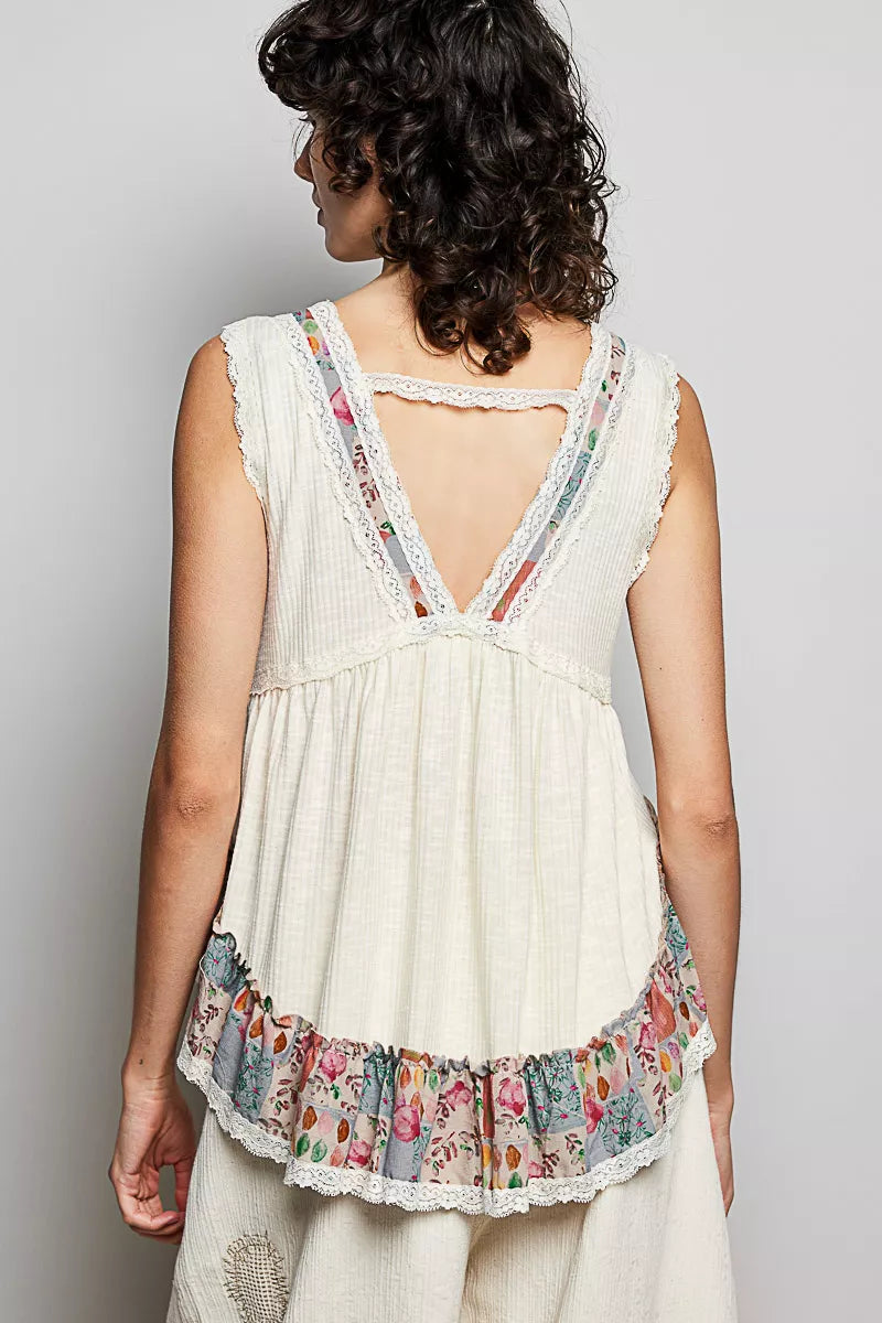 Lace Detail Ruffled Ribbed Sleeveless Top with Floral Pattern Trim Detail POL