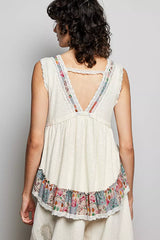 Lace Detail Ruffled Ribbed Sleeveless Top with Floral Pattern Trim Detail POL