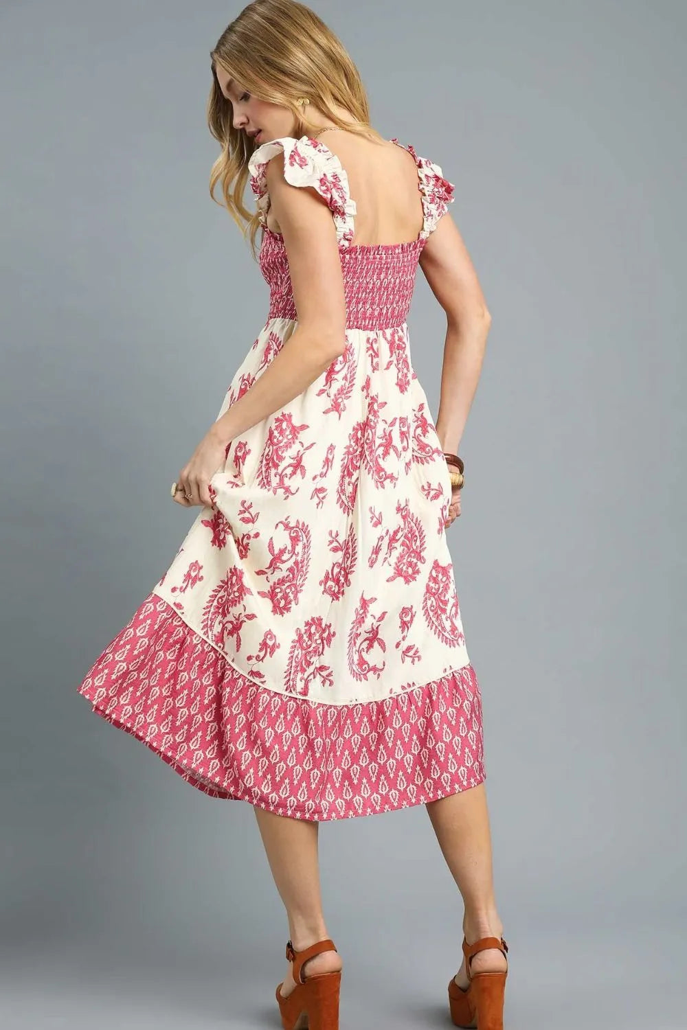 Floral Printed Smocked Midi Dress with Ruffle Details Umgee