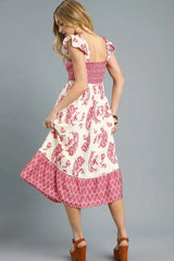 Floral Printed Smocked Midi Dress with Ruffle Details Umgee