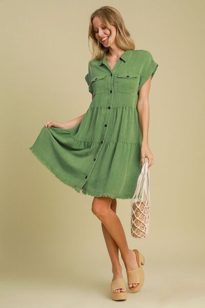 Frayed Hemline Button Down Shirt Dress Umgee