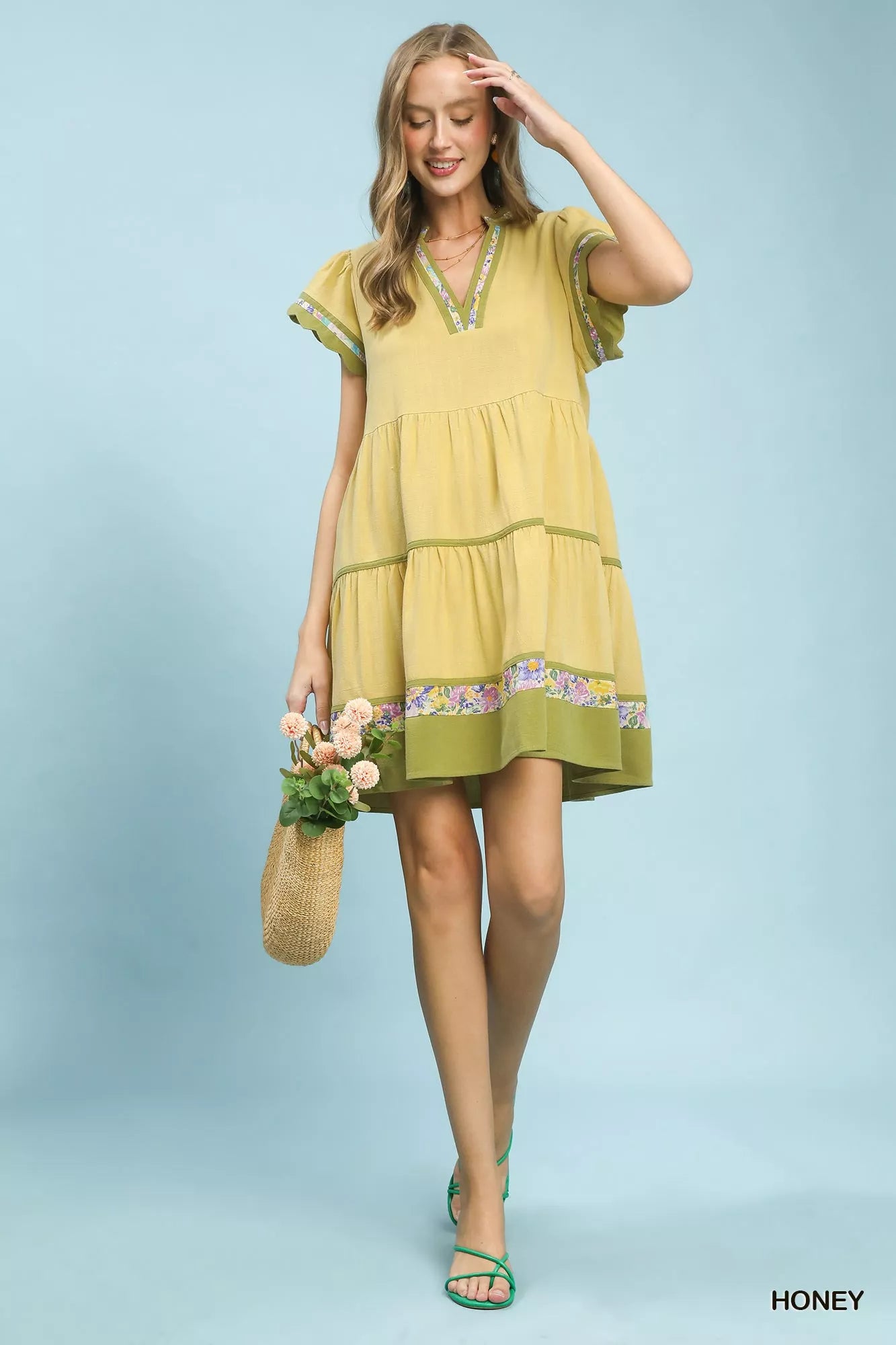 Linen Tiered Flutter Sleeve Dress with Floral Trim Umgee