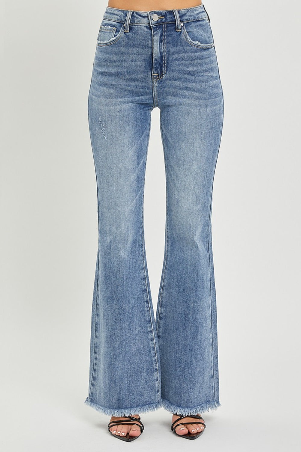 High Waist Raw Hem Flare Jeans Risen   