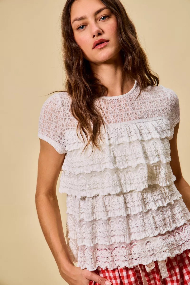 Ruffle Tiered Stretch Lace Short Sleeves Knit Top So Me
