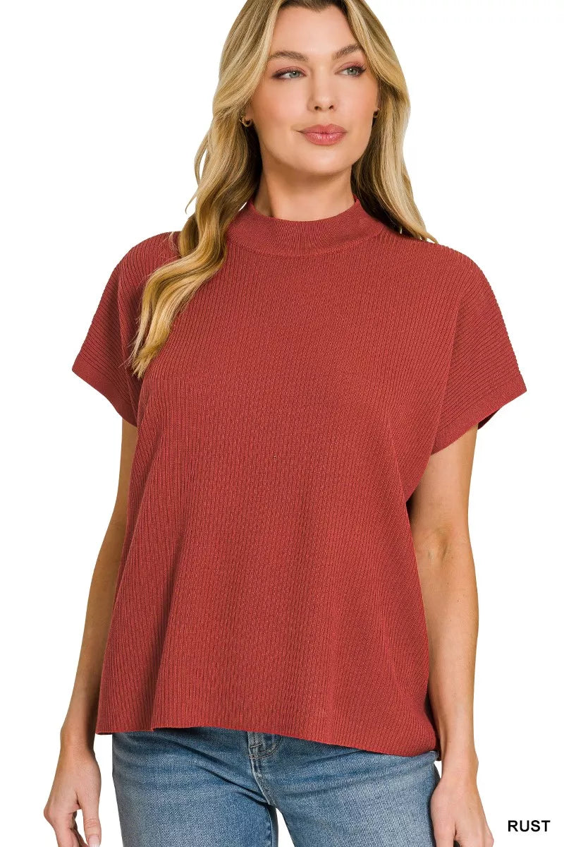 Viscose Mock Neck Short Sleeve Boxy Sweater ZENANA RUST S