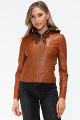 Faux Leather Zip Up Drawstring Hooded Jacket Snobbish Camel S