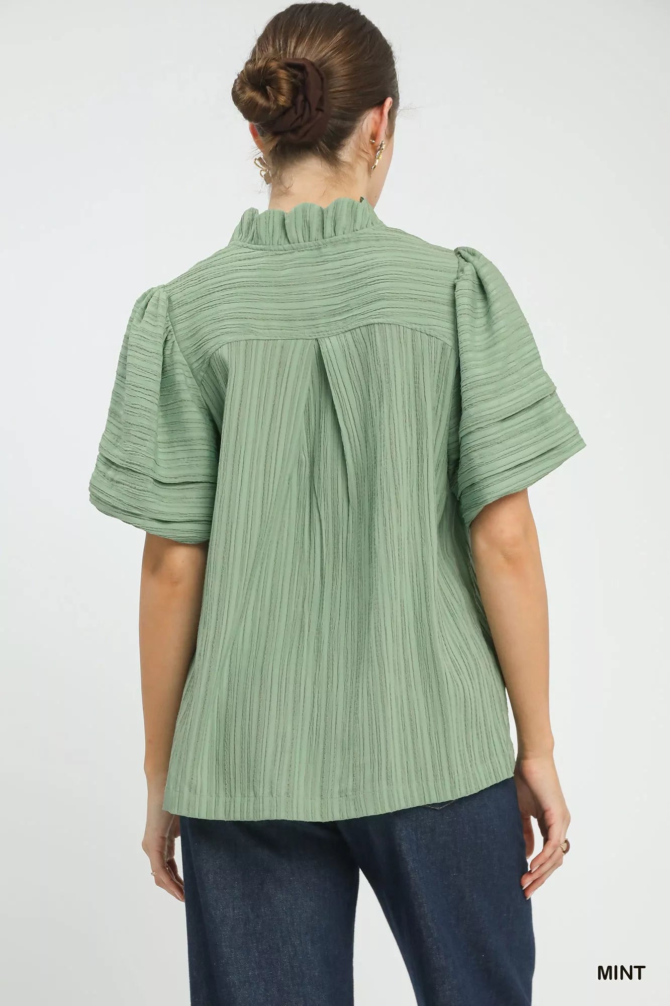 Seersucker Bubble Sleeve V-Neck Blouse Umgee
