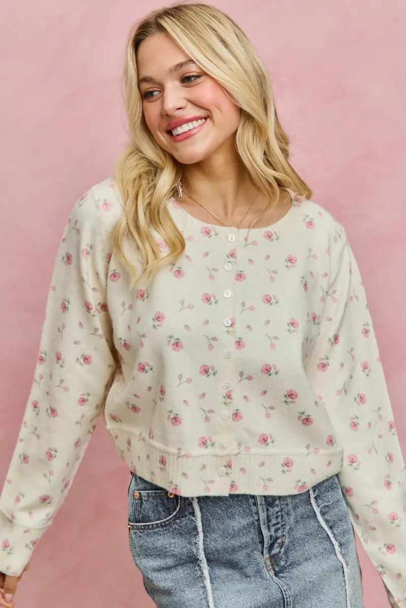 Floral Print Button Down Sweater Cardigan So Me