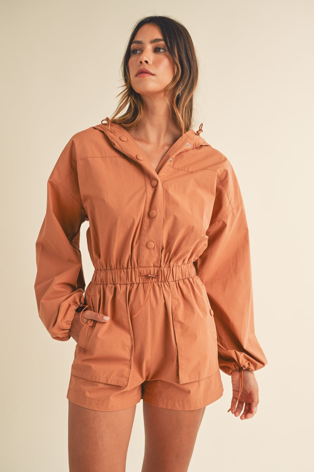 Snap Down Long Sleeve Hooded Romper Mable   