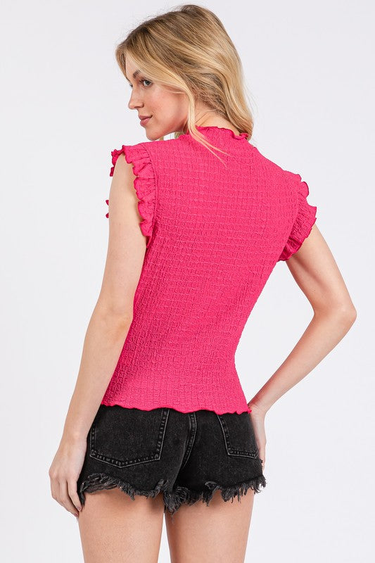 Textured Mock Neck Ruffle Cap Sleeve Blouse Ces Femme