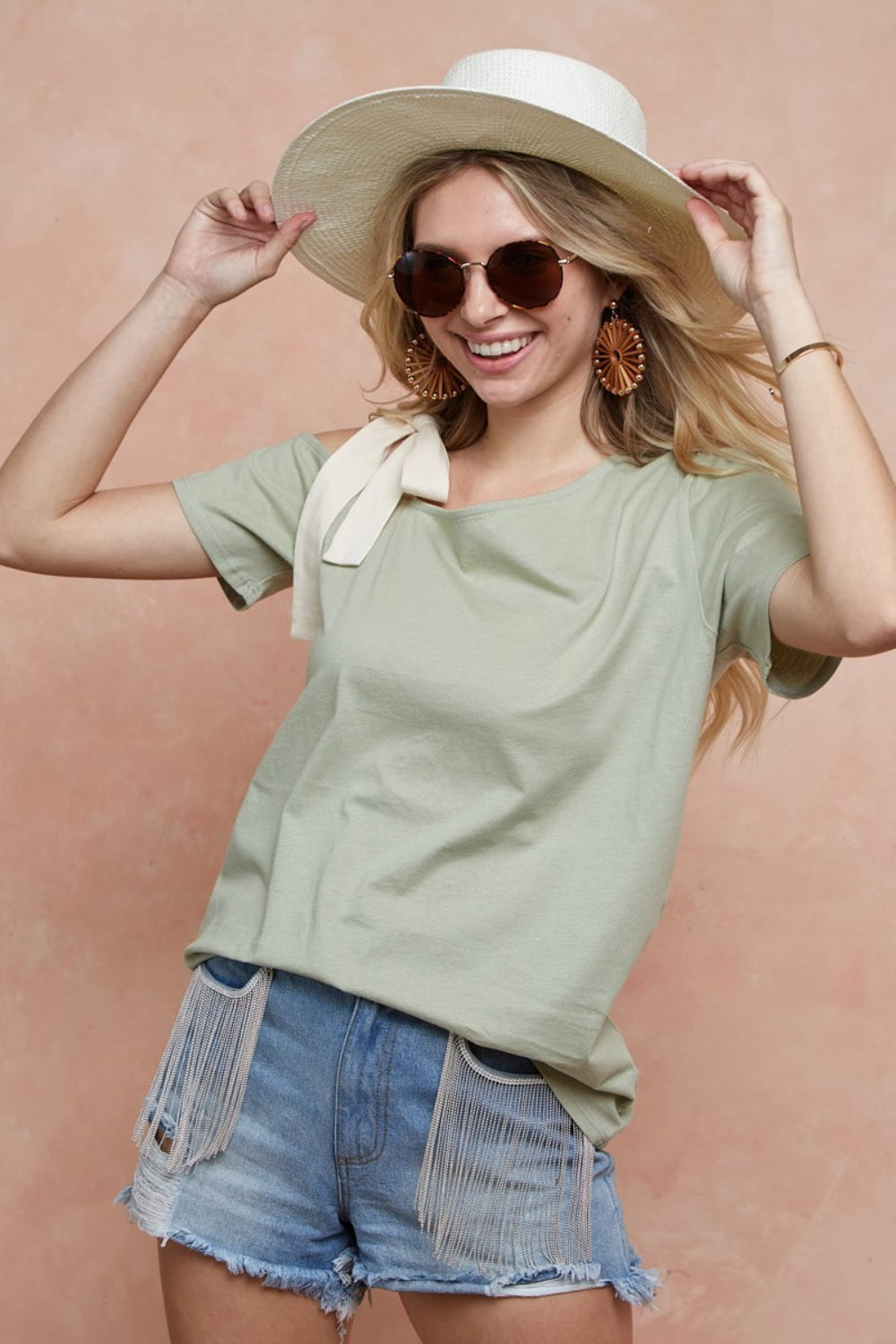 Tied Ribbon One Shoulder Short Sleeve T-Shirt BiBi   