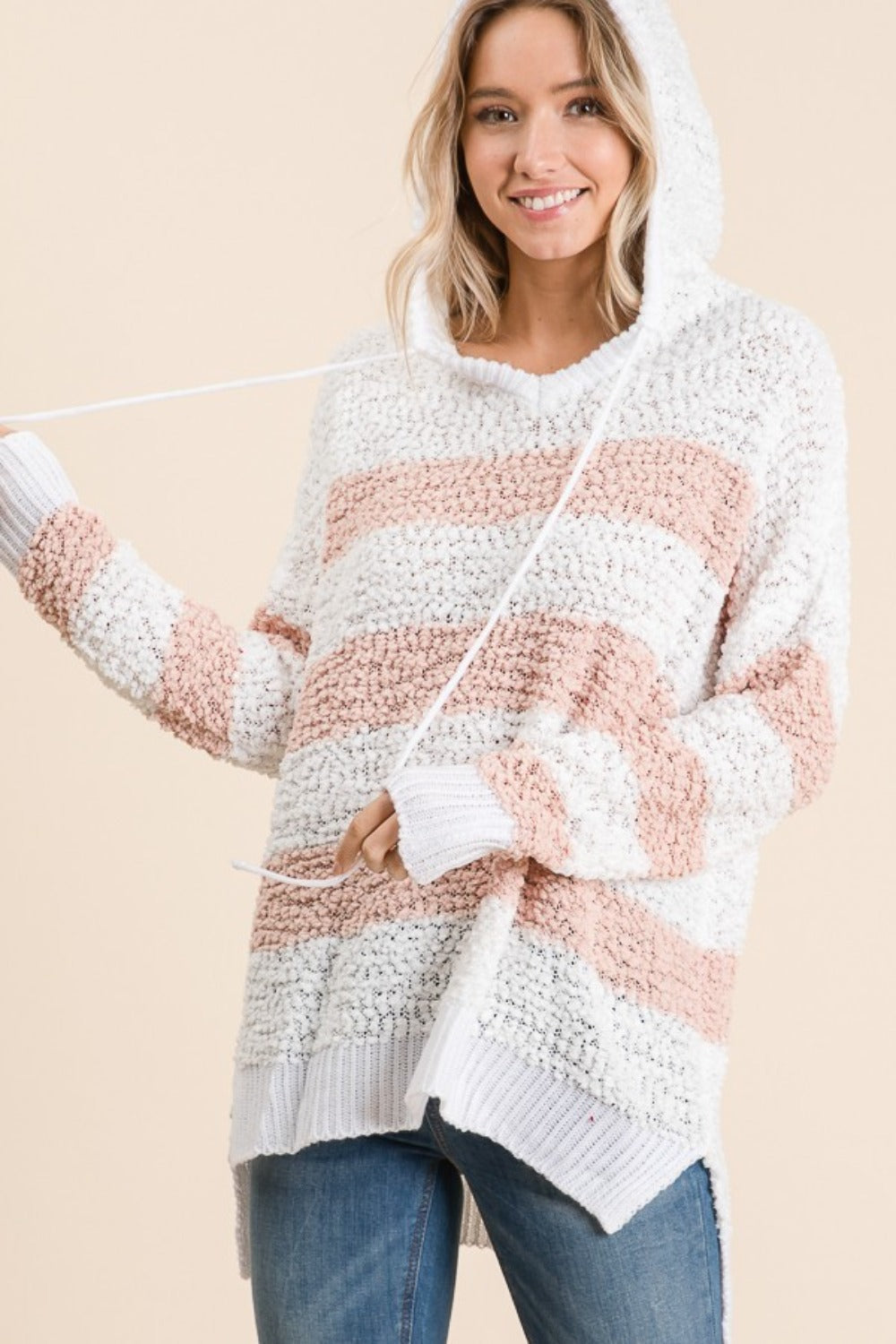 High-Low Striped Popcorn Hoodie Sweater Reborn J Blush S 