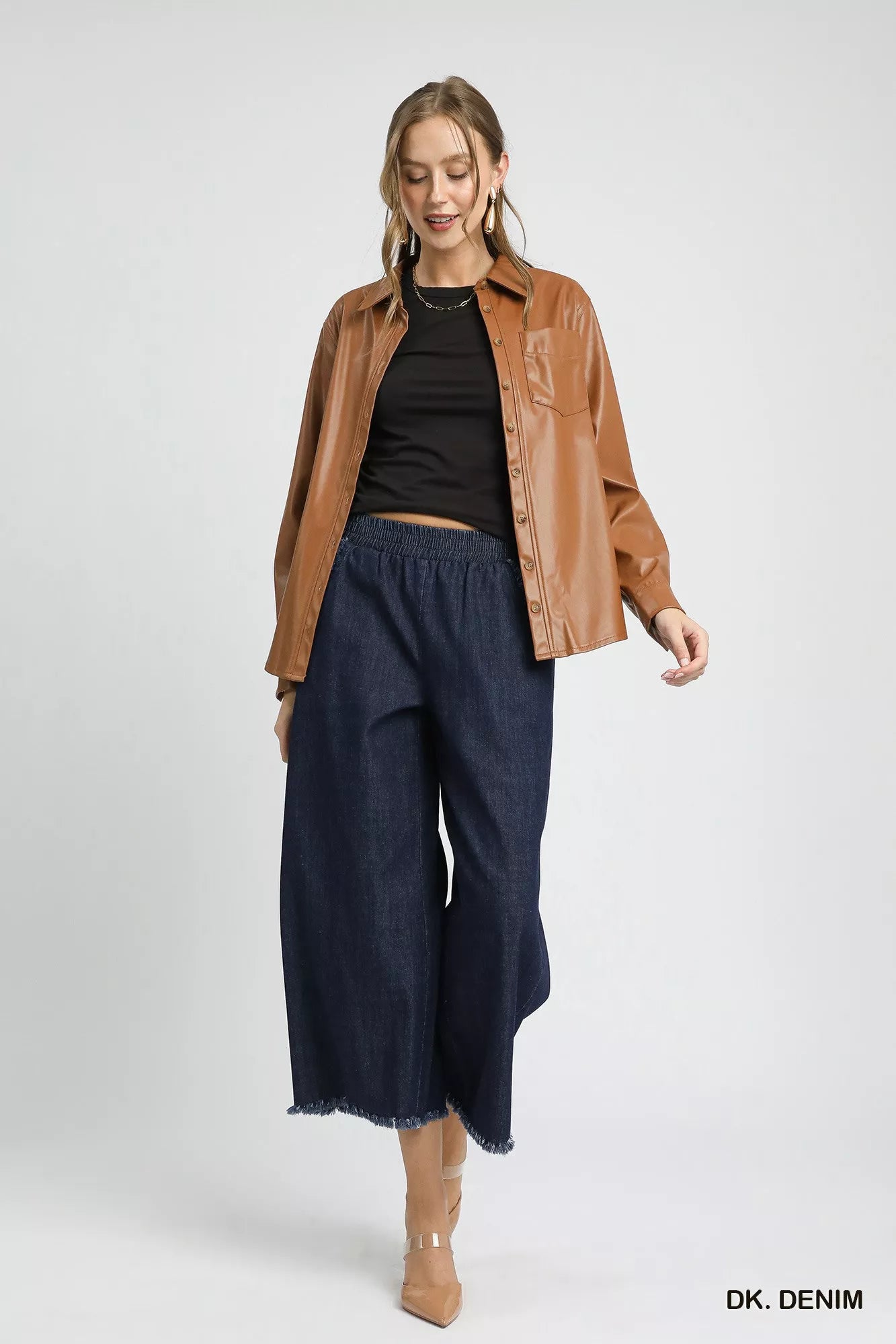 Washed Fringe Hem Wide Leg Jeans Umgee