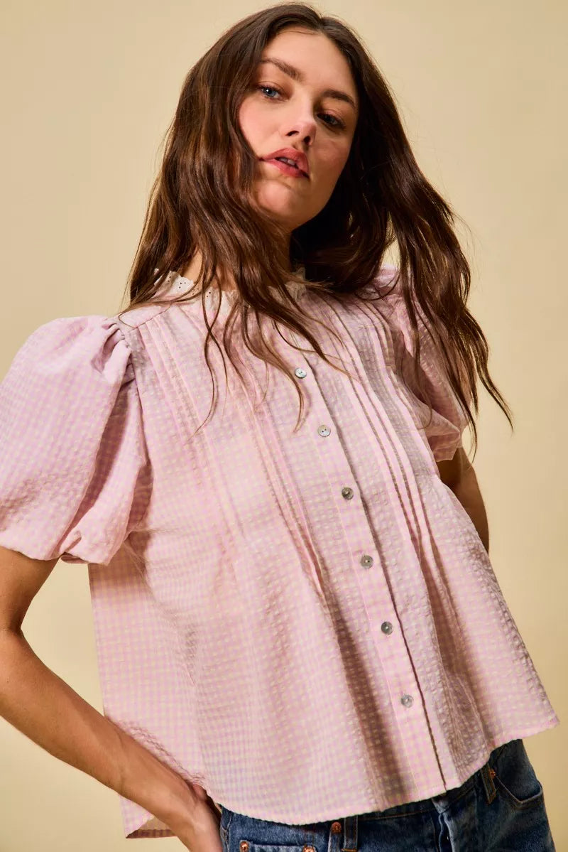 Gingham Lace Trim Button Bubble Sleeves Blouse So Me