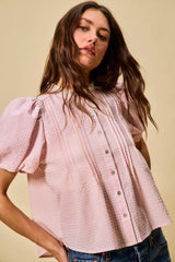 Gingham Lace Trim Button Bubble Sleeves Blouse So Me