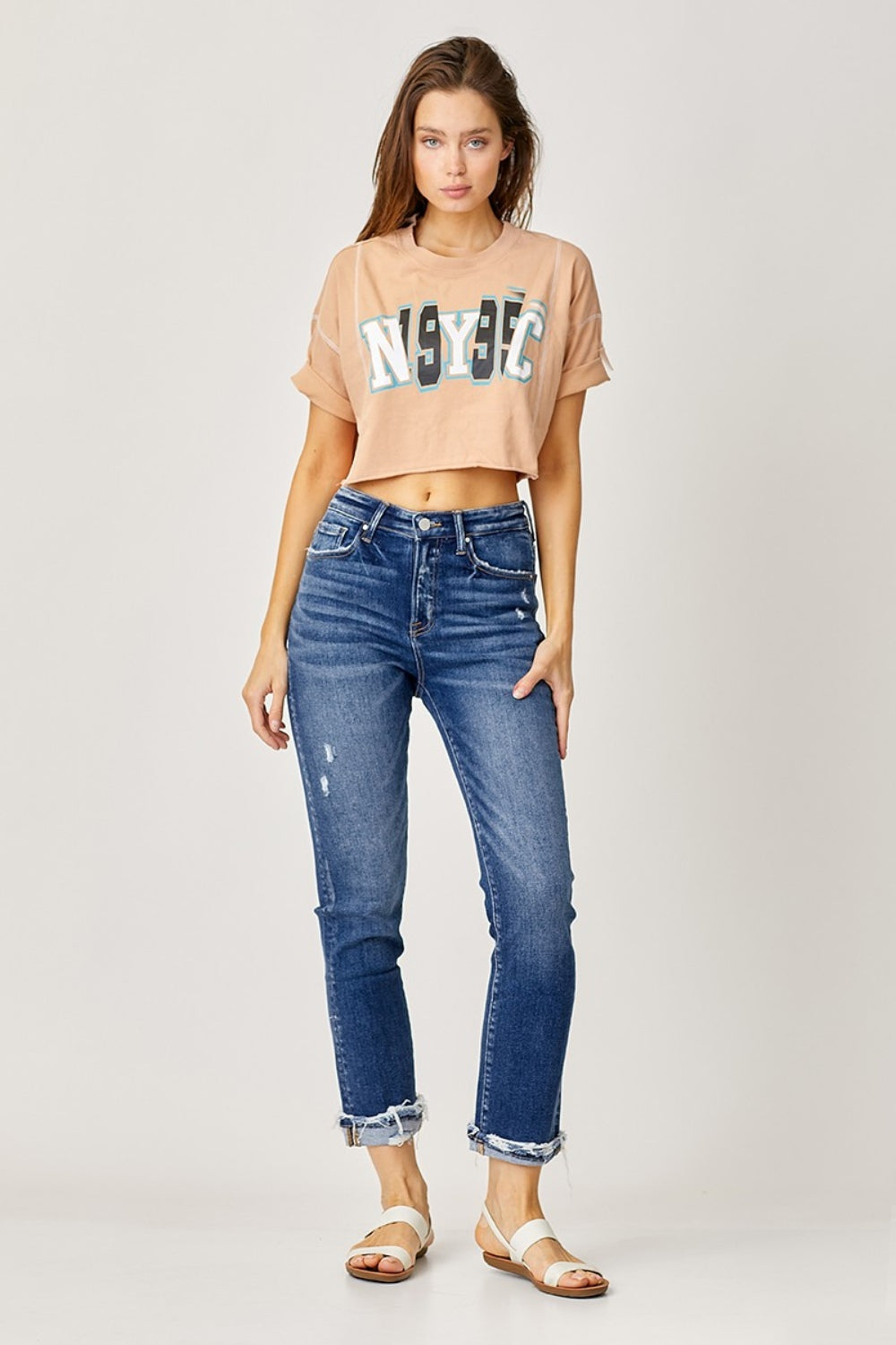 High-Rise Cat Whisker Frayed Cuffed Straight Jeans Risen   