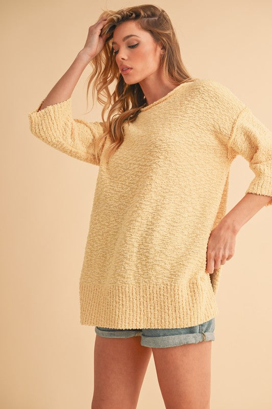 Side Slit Ribbed Hem Round Neck Sweater Aemi + Co