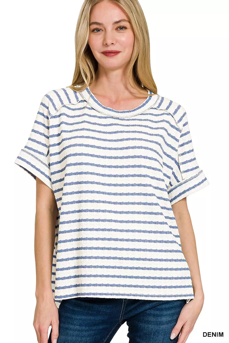 Stripe Jacquard Round-Meck Tee ZENANA