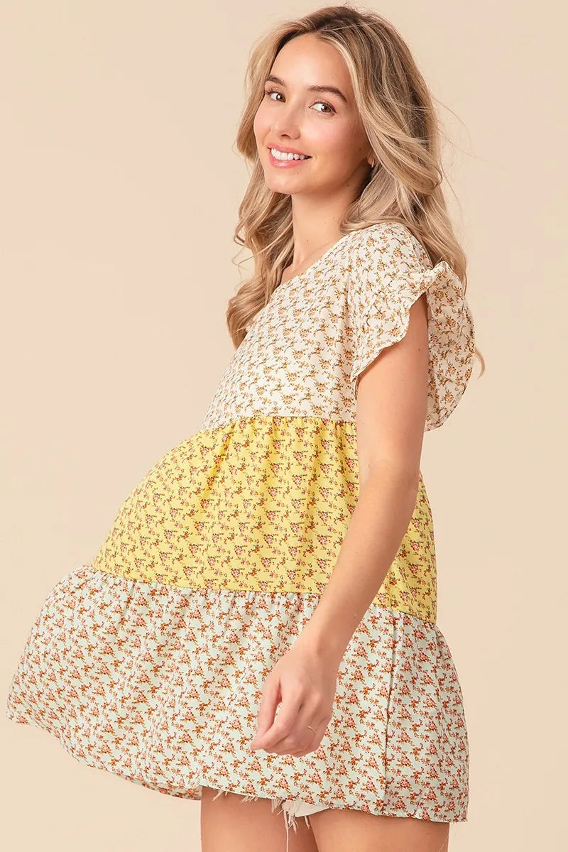 Floral Printed Woven Color Block and Tiered Top BiBi