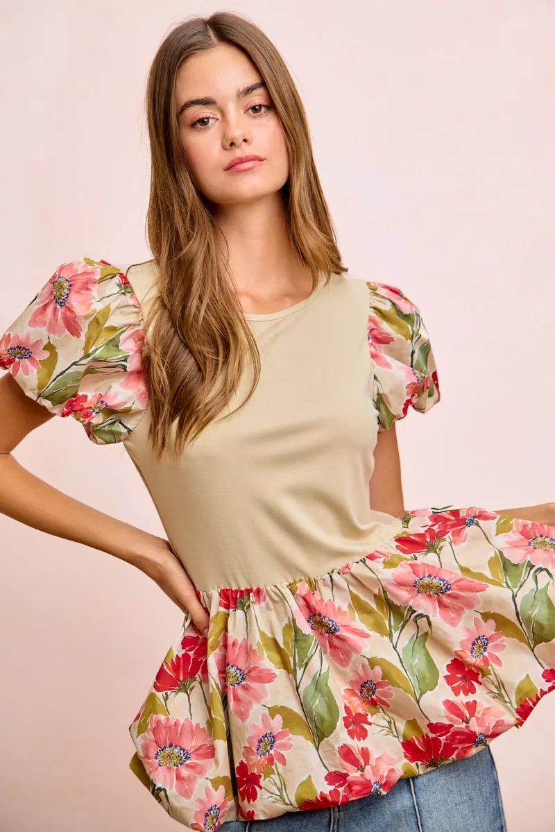Floral Printed Bubble Sleeves and Hem Peplum Top BiBi