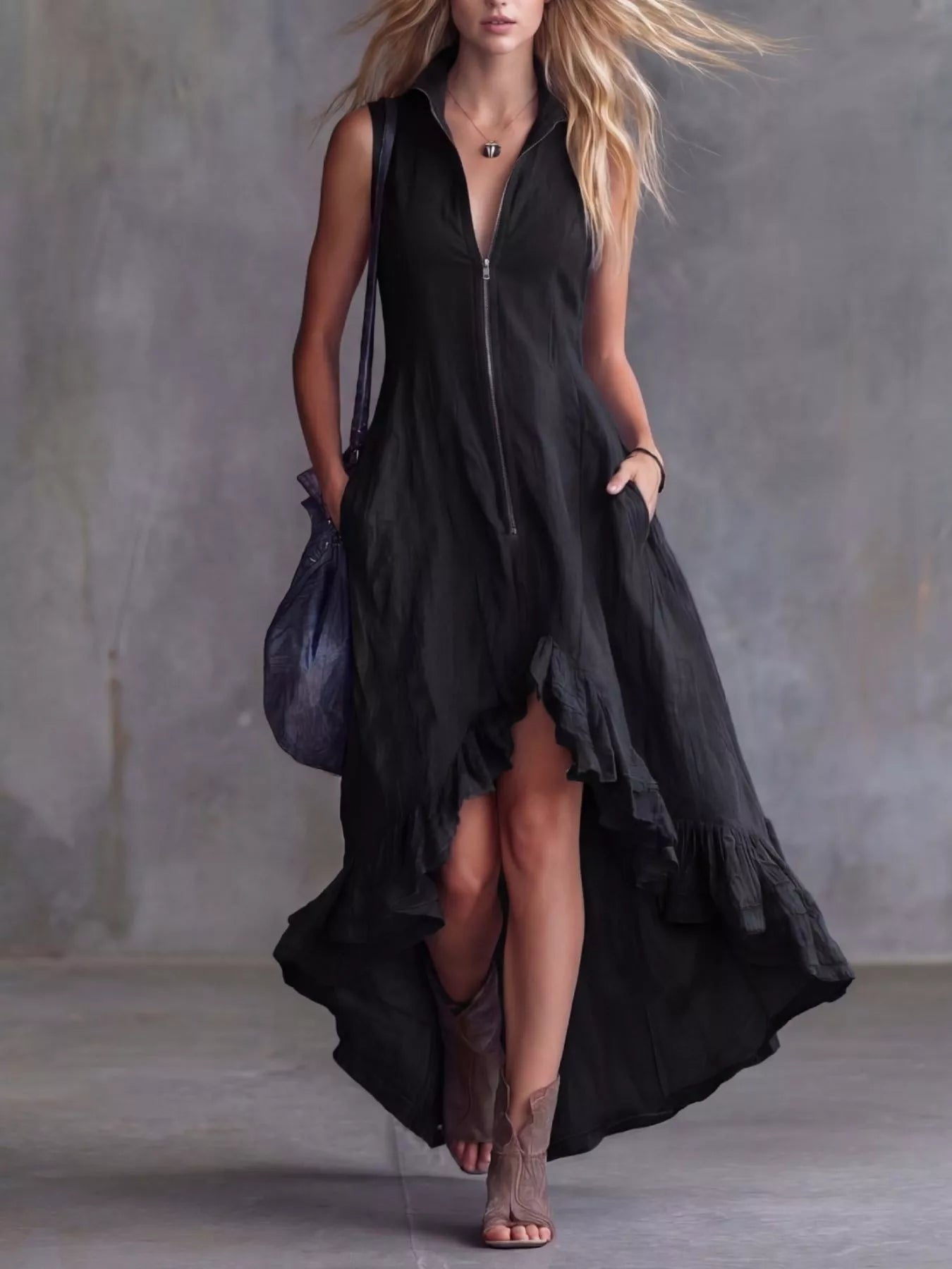 Full Size High-Low Ruffled Zip Front Dress Plus Size Simmer & Fay Black S