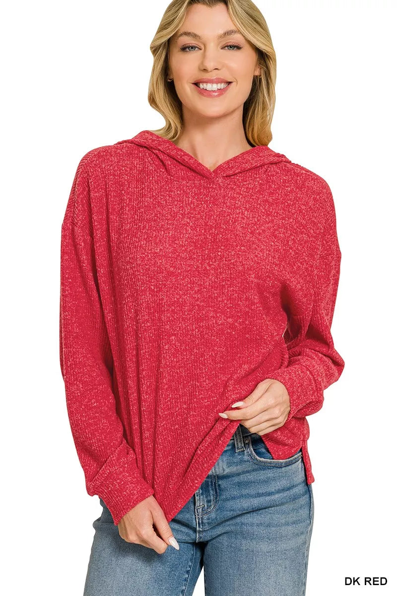 Zenana Brushed Ribbed Hacci Hoodie Pullover in DK Red for women, ultra-soft brushed hacci knit