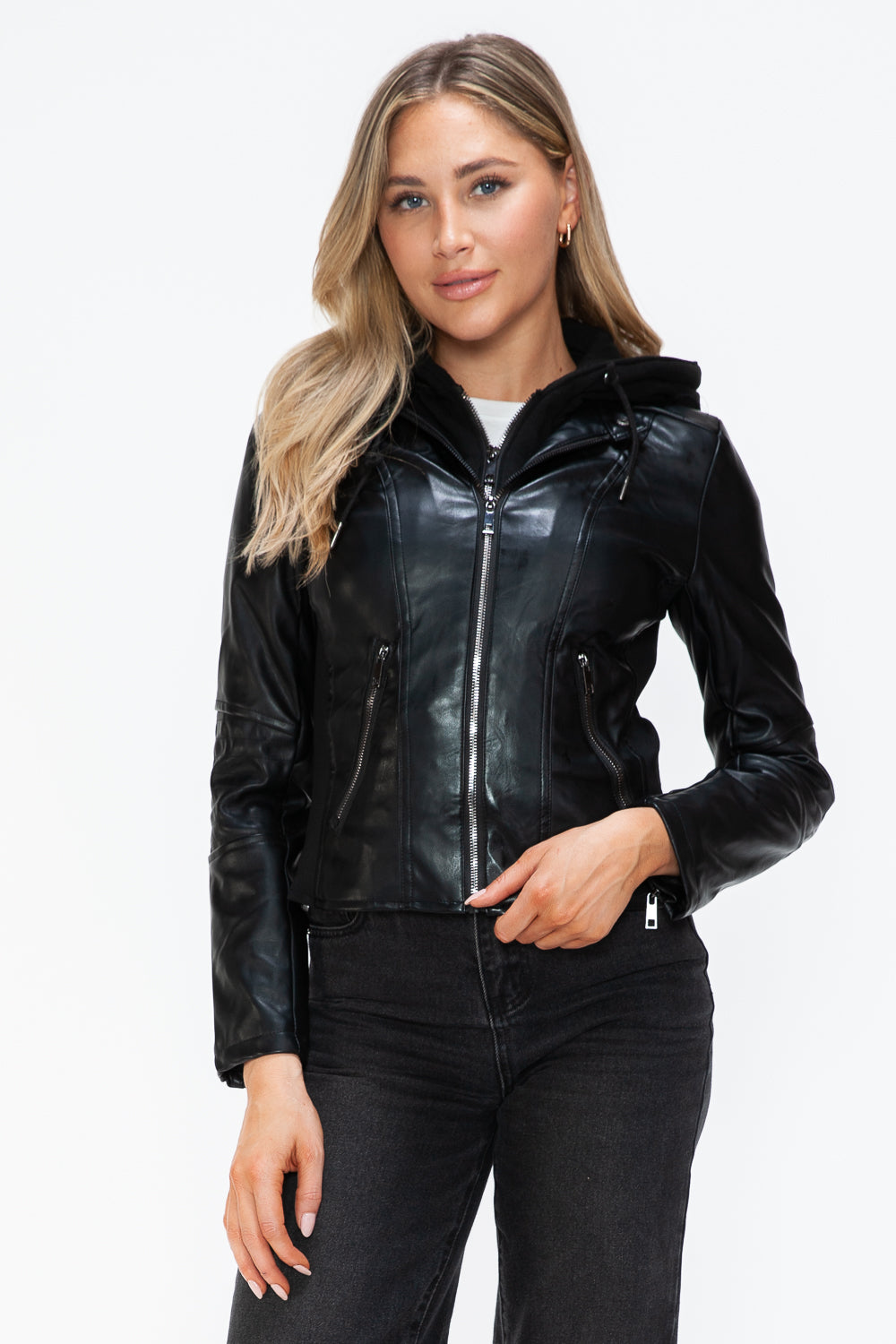 Faux Leather Zip Up Drawstring Hooded Jacket Snobbish