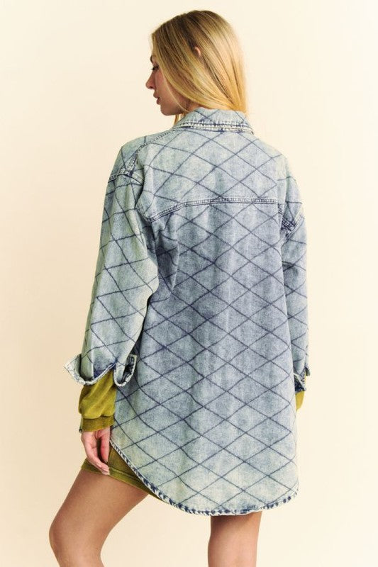 Curved Hem Diamond Quilted Button Up Denim Shacket Davi & Dani